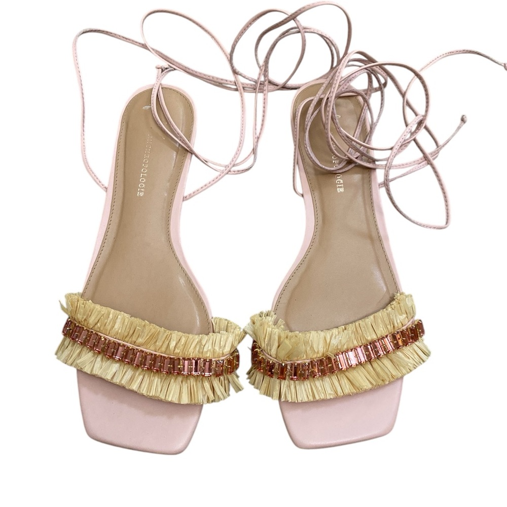 Anthropologie pink Rhinestone Embellished Raffia Tie Up Square Toe sandals